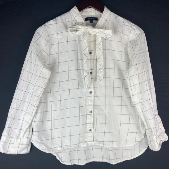 Madewell Tie Neck Shirt Top Blouse Flannel Sz Small White Windowpane Plaid - Picture 2 of 4